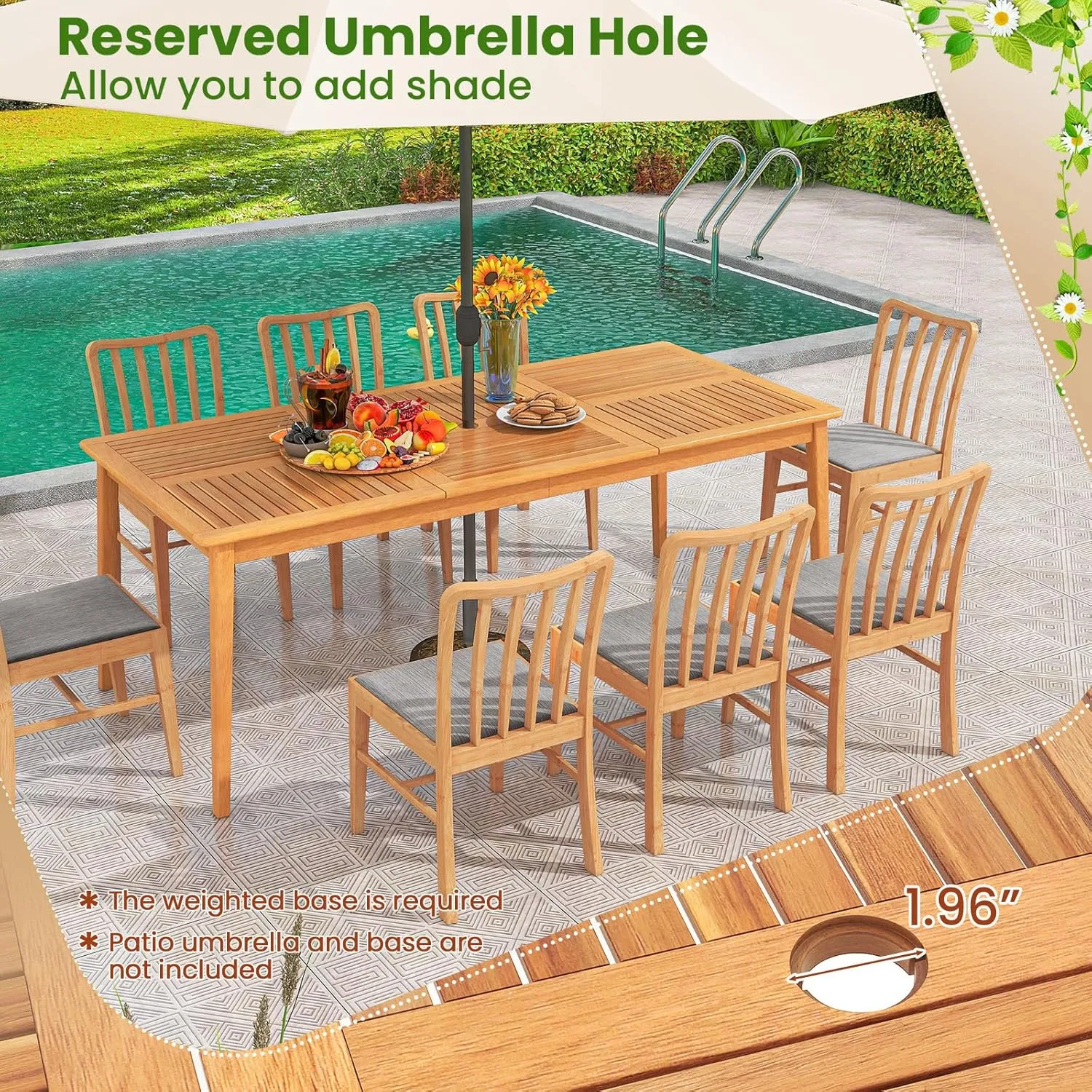 Tangkula 8-Person Outdoor Acacia Wood Dining Table, 79” x 35” Rectangular Bistro Table with 1.96” Umbrella Hole, Outdoor Patio Table for Deck, Garden, Poolside and Backyard, Natural