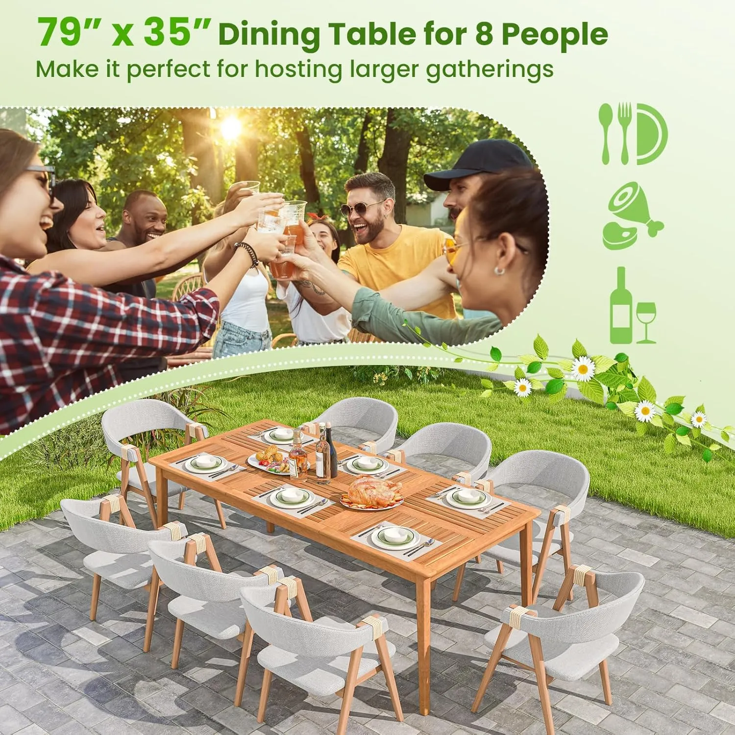 Tangkula 8-Person Outdoor Acacia Wood Dining Table, 79” x 35” Rectangular Bistro Table with 1.96” Umbrella Hole, Outdoor Patio Table for Deck, Garden, Poolside and Backyard, Natural