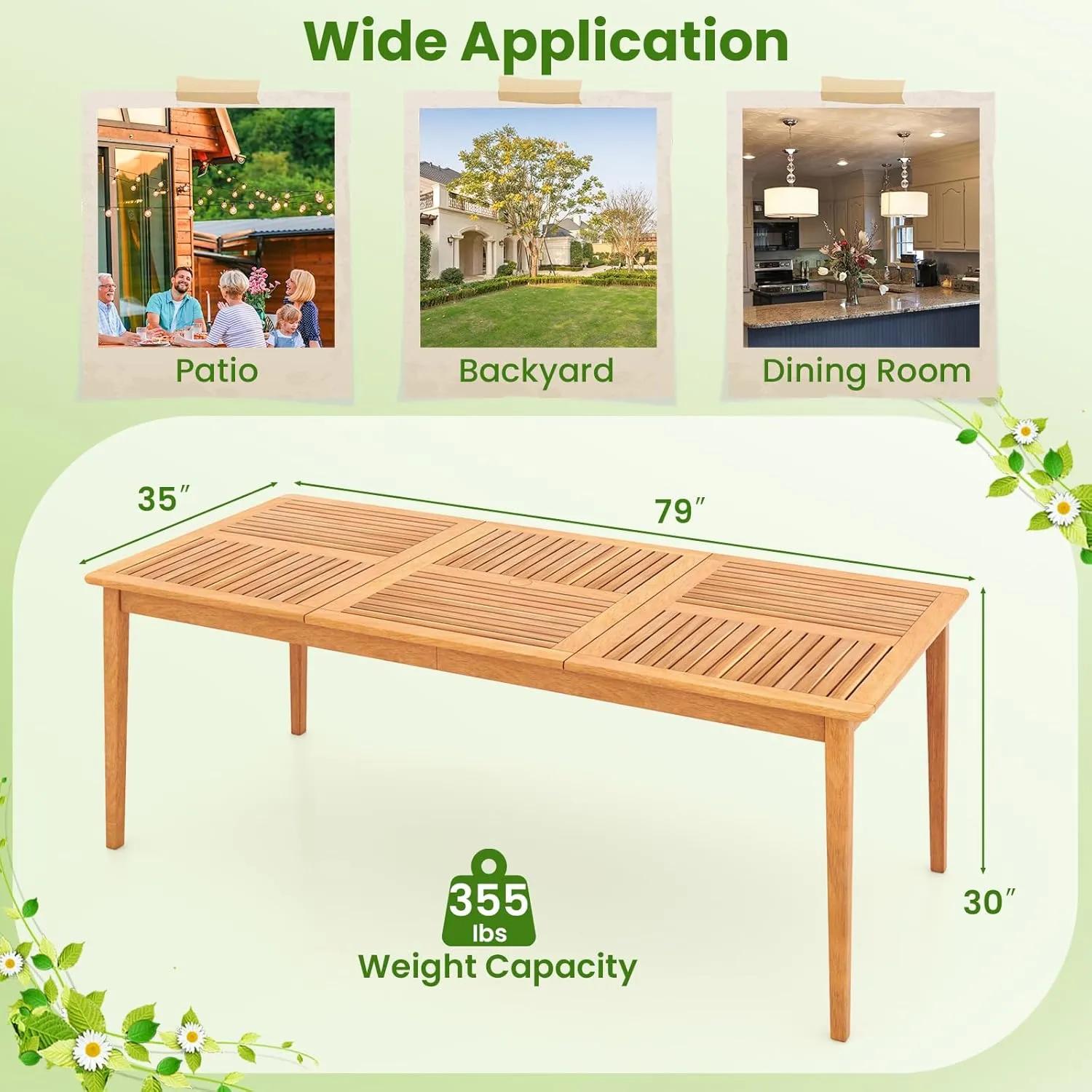 Tangkula 8-Person Outdoor Acacia Wood Dining Table, 79” x 35” Rectangular Bistro Table with 1.96” Umbrella Hole, Outdoor Patio Table for Deck, Garden, Poolside and Backyard, Natural