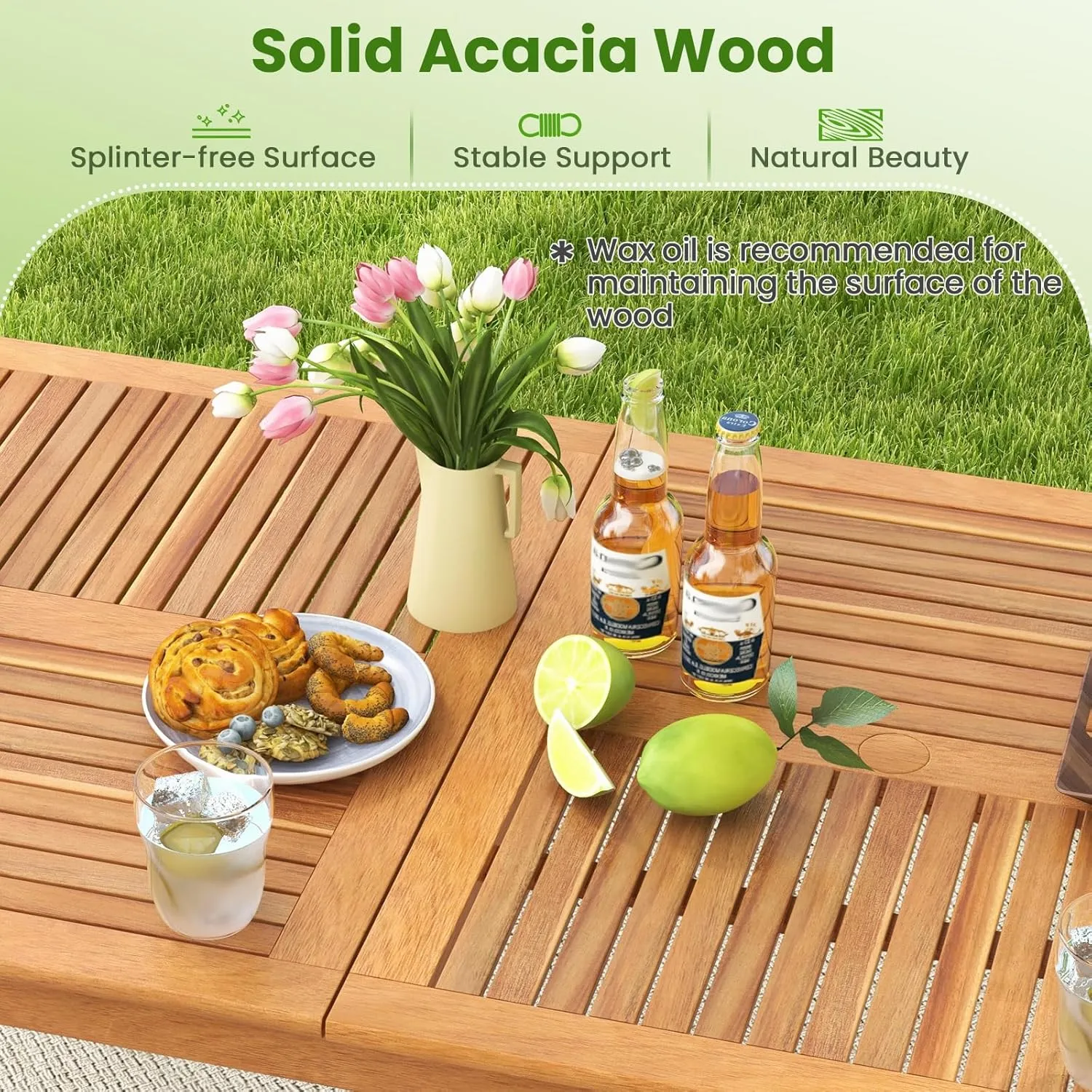 Tangkula 8-Person Outdoor Acacia Wood Dining Table, 79” x 35” Rectangular Bistro Table with 1.96” Umbrella Hole, Outdoor Patio Table for Deck, Garden, Poolside and Backyard, Natural