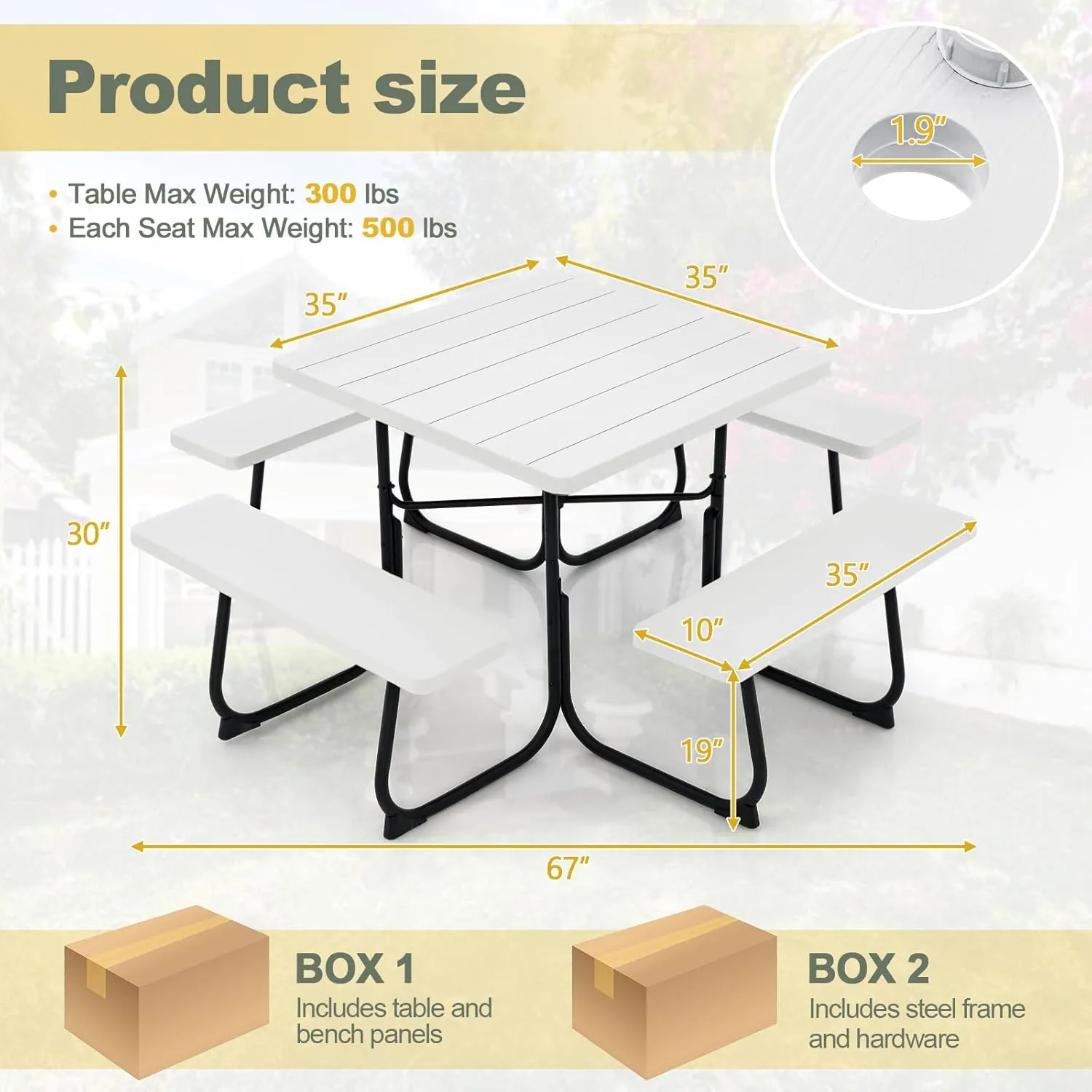 Tangkula 8 Person Picnic Table, Outdoor Square Picnic Table with 4 Built-in Benches, Umbrella Hole, Metal Frame & HDPE Tabletop, Outside Table and Bench Set for Garden, Backyard, Porch, Patio (White)