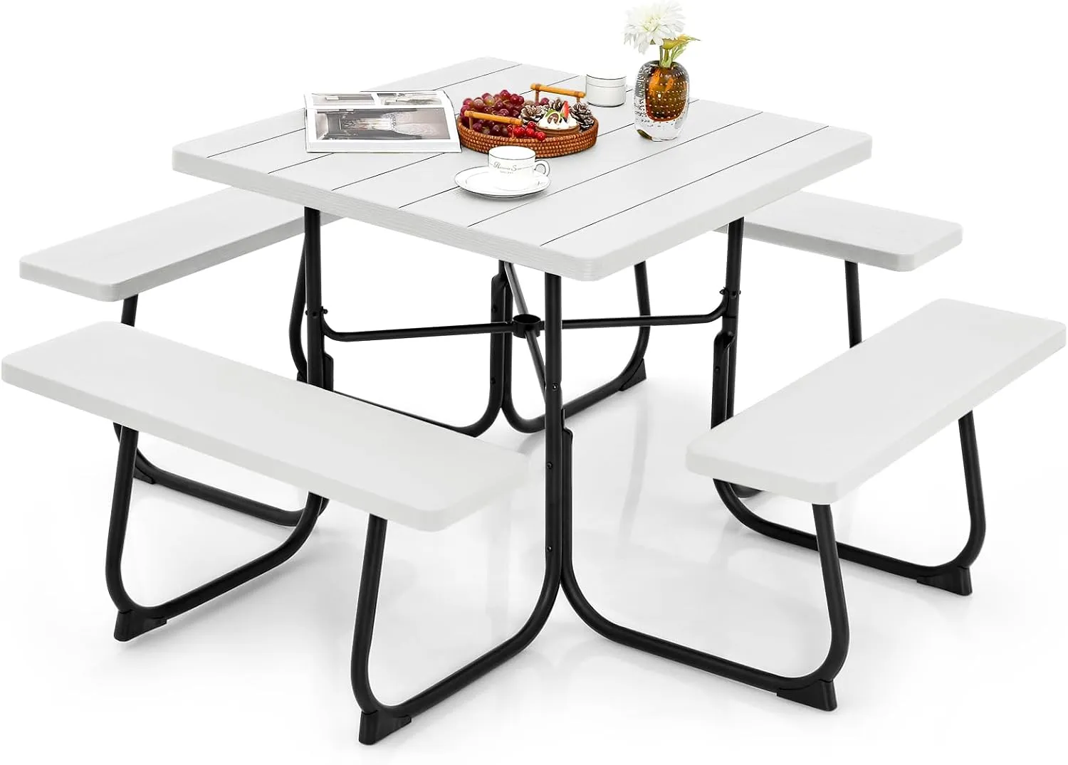 Tangkula 8 Person Picnic Table, Outdoor Square Picnic Table with 4 Built-in Benches, Umbrella Hole, Metal Frame & HDPE Tabletop, Outside Table and Bench Set for Garden, Backyard, Porch, Patio (White)
