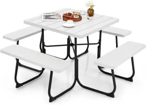 Tangkula 8 Person Picnic Table, Outdoor Square Picnic Table with 4 Built-in Benches, Umbrella Hole, Metal Frame & HDPE Tabletop, Outside Table and Bench Set for Garden, Backyard, Porch, Patio (White)