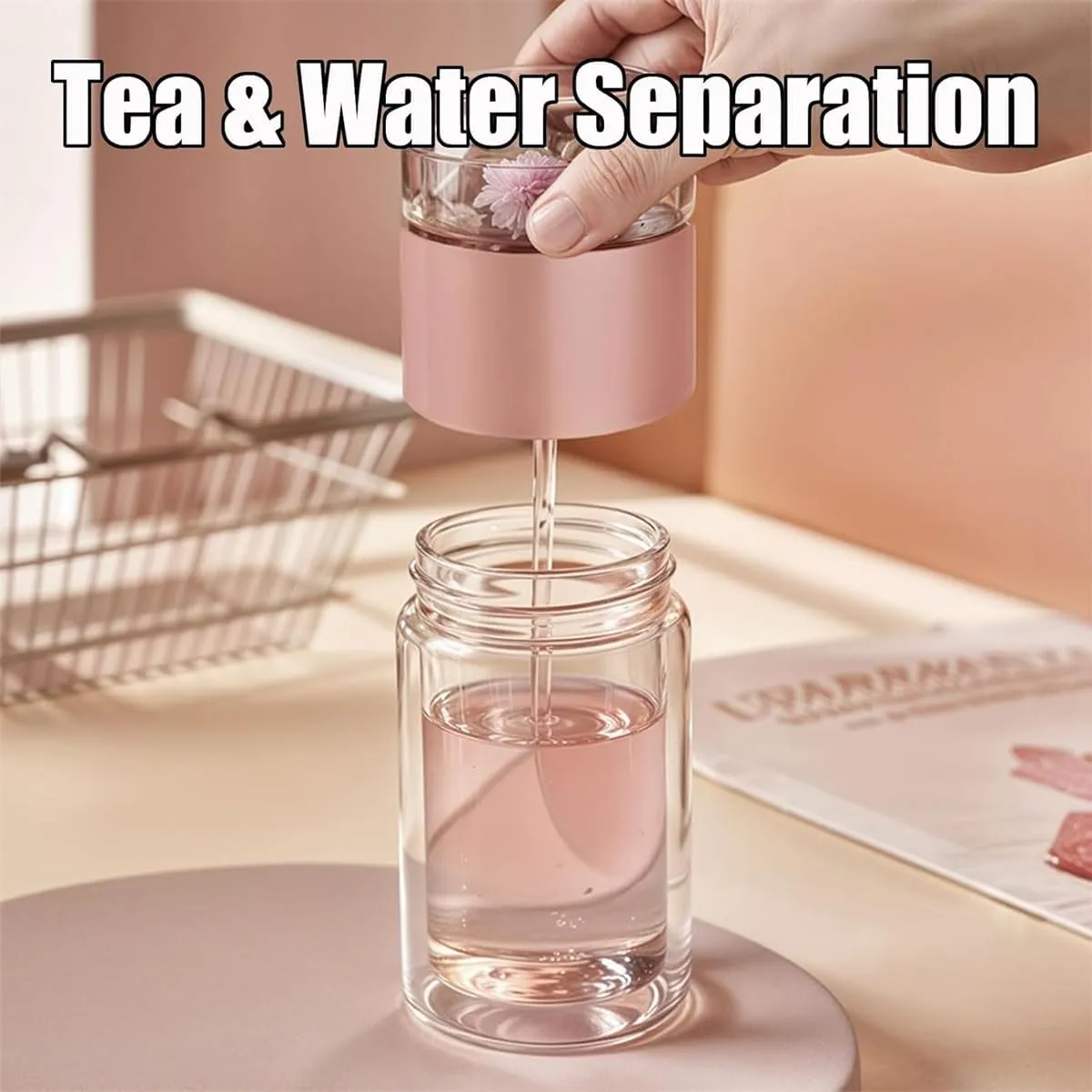 Tea Infuser Bottle,Tea and Water Separation Cup,Double Layered Glass Tea Infuser Bottle,Portable Tea Tumbler With Stainless Infuser,Leak Proof Tea Flood Cup for Loose Leaf Tea (Champagne Gold, 350ml)
