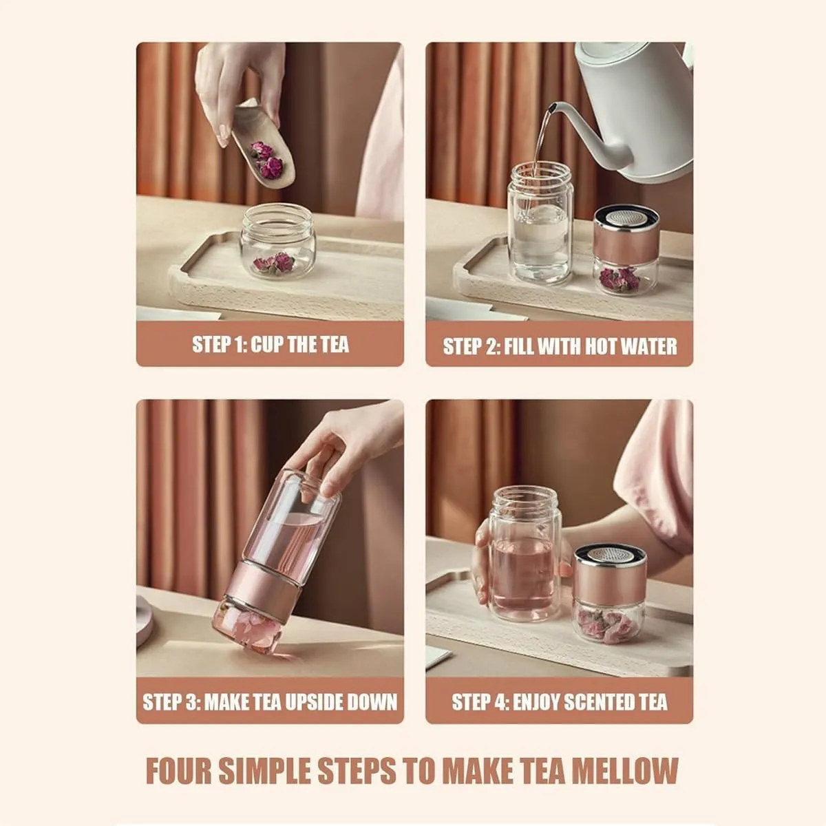Tea Infuser Bottle,Tea and Water Separation Cup,Double Layered Glass Tea Infuser Bottle,Portable Tea Tumbler With Stainless Infuser,Leak Proof Tea Flood Cup for Loose Leaf Tea (Champagne Gold, 350ml)