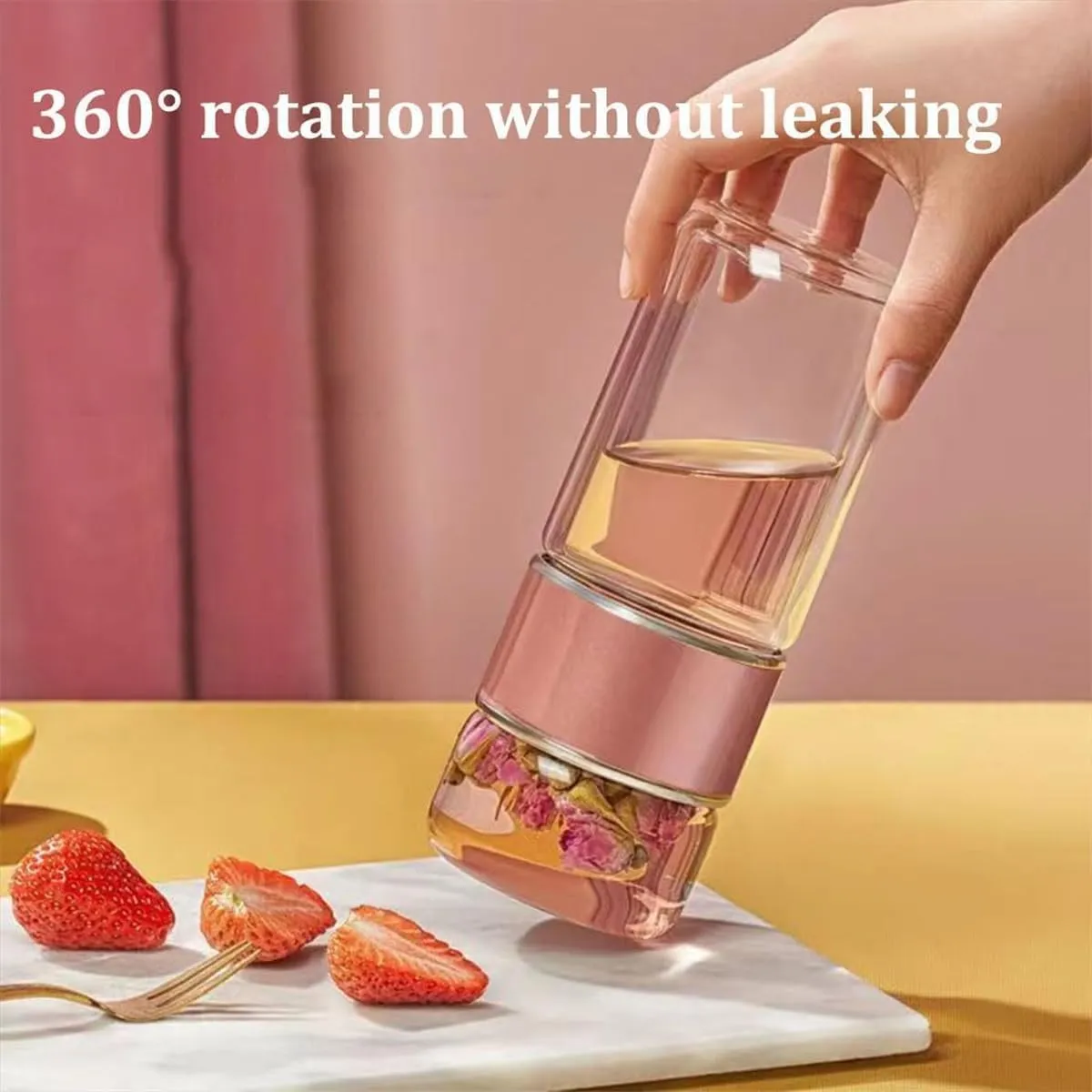 Tea Infuser Bottle,Tea and Water Separation Cup,Double Layered Glass Tea Infuser Bottle,Portable Tea Tumbler With Stainless Infuser,Leak Proof Tea Flood Cup for Loose Leaf Tea (Champagne Gold, 350ml)