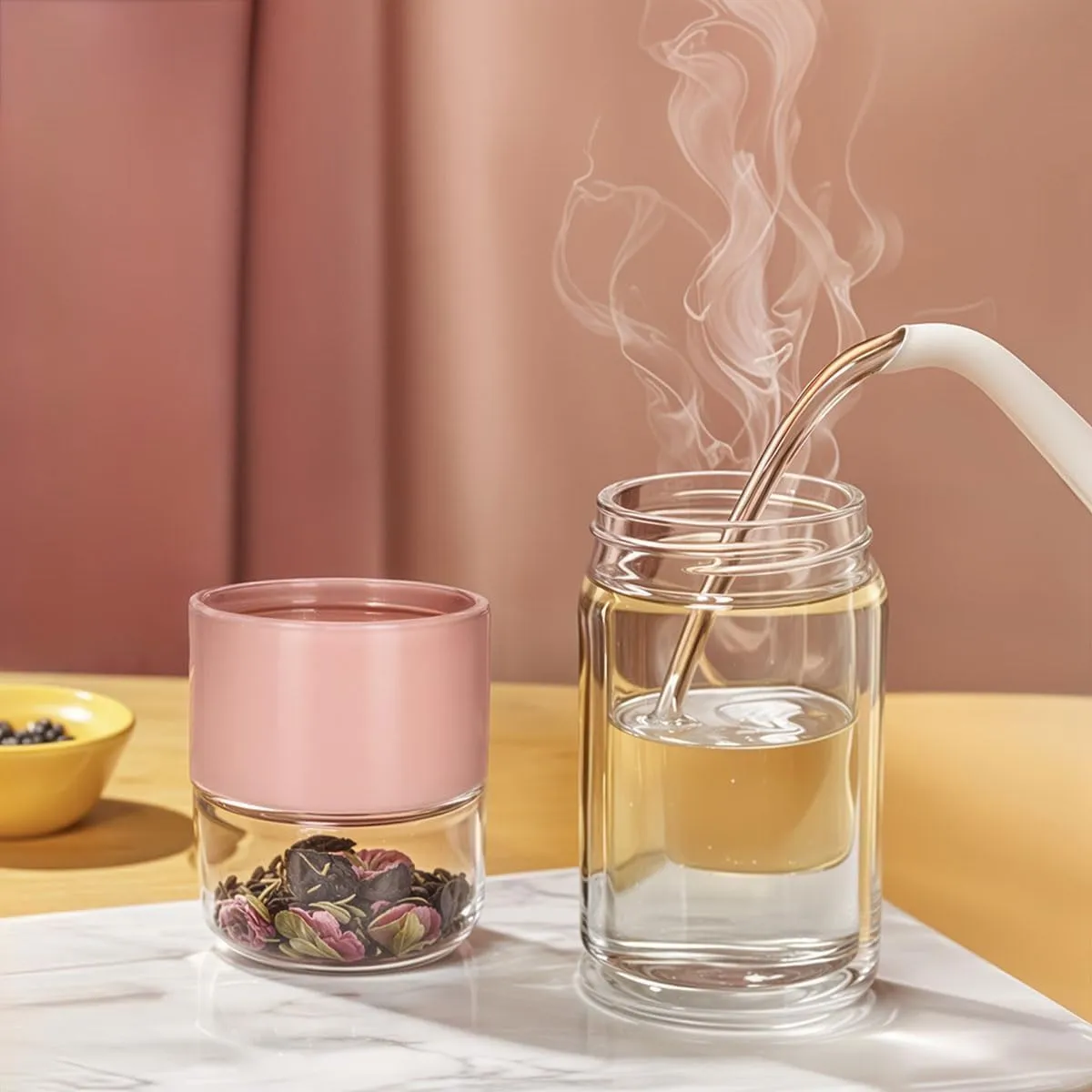 Tea Infuser Bottle,Tea and Water Separation Cup,Double Layered Glass Tea Infuser Bottle,Portable Tea Tumbler With Stainless Infuser,Leak Proof Tea Flood Cup for Loose Leaf Tea (Champagne Gold, 350ml)