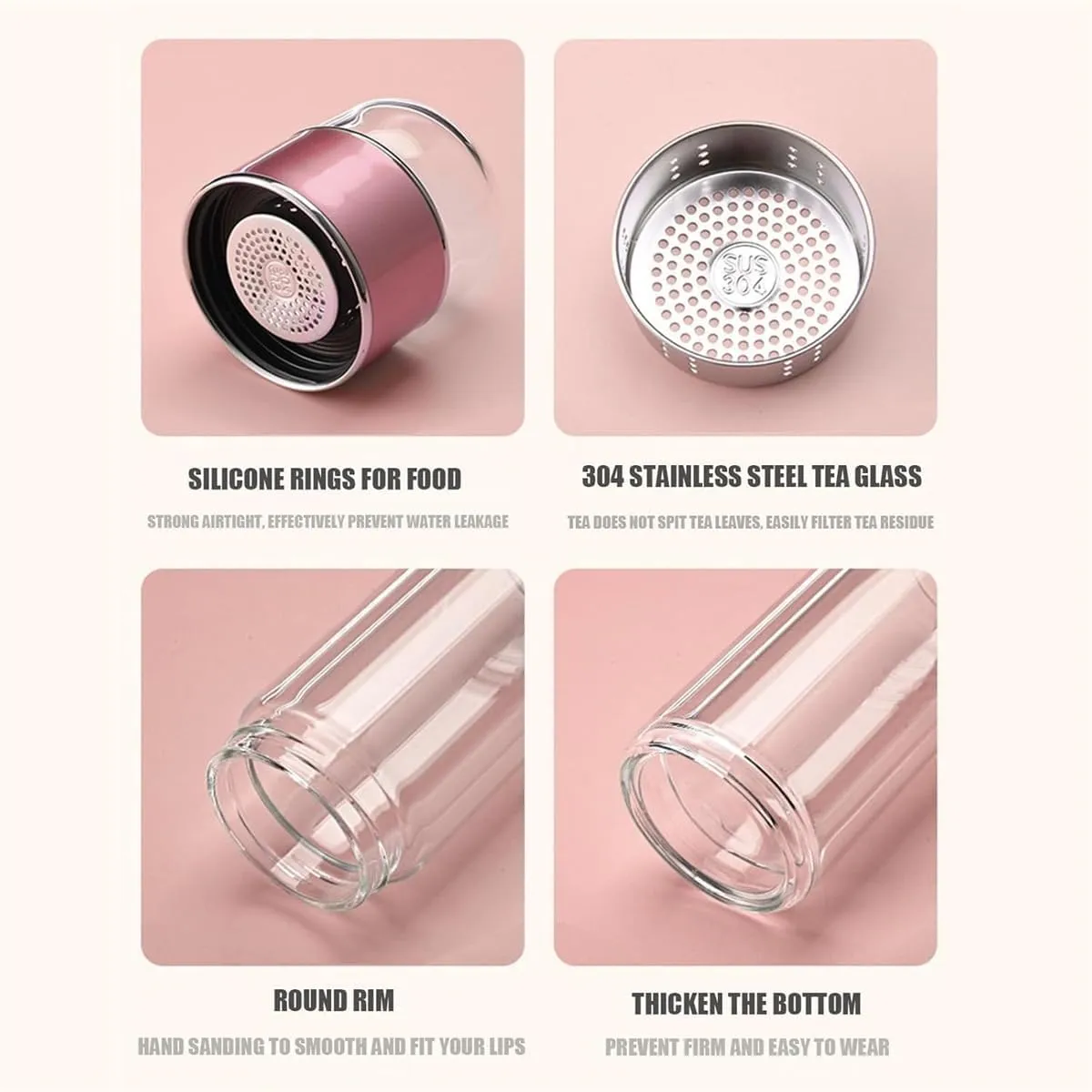 Tea Infuser Bottle,Tea and Water Separation Cup,Double Layered Glass Tea Infuser Bottle,Portable Tea Tumbler With Stainless Infuser,Leak Proof Tea Flood Cup for Loose Leaf Tea (Champagne Gold, 350ml)