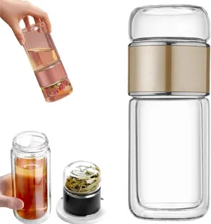 Tea Infuser Bottle,Tea and Water Separation Cup,Double Layered Glass Tea Infuser Bottle,Portable Tea Tumbler With Stainless Infuser,Leak Proof Tea Flood Cup for Loose Leaf Tea (Champagne Gold, 350ml)