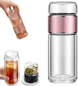 Tea Infuser Bottle,Tea and Water Separation Cup,Double Layered Glass Tea Infuser Bottle,Portable Tea Tumbler With Stainless Infuser,Leak Proof Tea Flood Cup for Loose Leaf Tea (Rose Gold, 350ml)