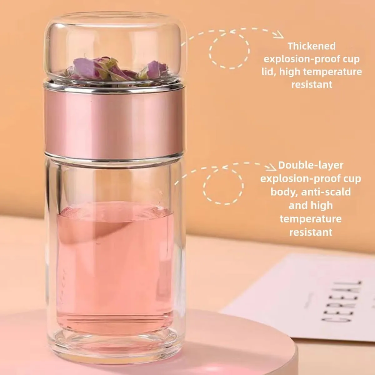 Tea Infuser Bottle,Tea and Water Separation Cup,Double Layered Glass Tea Infuser Bottle,Portable Tea Tumbler With Stainless Infuser,Leak Proof Tea Flood Cup for Loose Leaf Tea (Rose Gold, 350ml)
