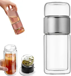 Tea Infuser Bottle,Tea and Water Separation Cup,Double Layered Glass Tea Infuser Bottle,Portable Tea Tumbler With Stainless Infuser,Leak Proof Tea Flood Cup for Loose Leaf Tea (Silver, 350ml)