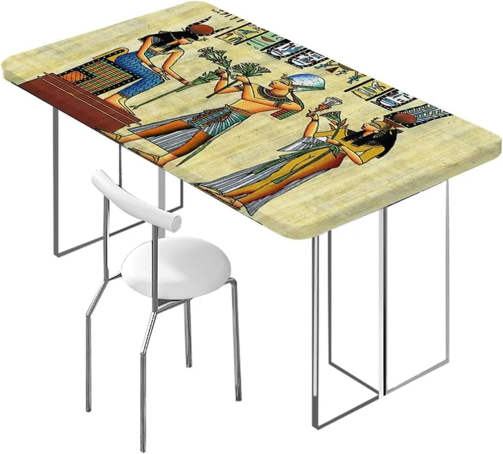 Teal Orange Elastic Fitted Picnic Table Cover Egyptian Papyrus Depicting Wooden Boards Oil Proof Waterproof Tablecloth for Picnic Party Egyptian Print Fits up 5 Foot Tables