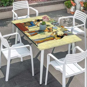 Teal Orange Elastic Fitted Picnic Table Cover Egyptian Papyrus Depicting Wooden Boards Oil Proof Waterproof Tablecloth for Picnic Party Egyptian Print Fits up 5 Foot Tables
