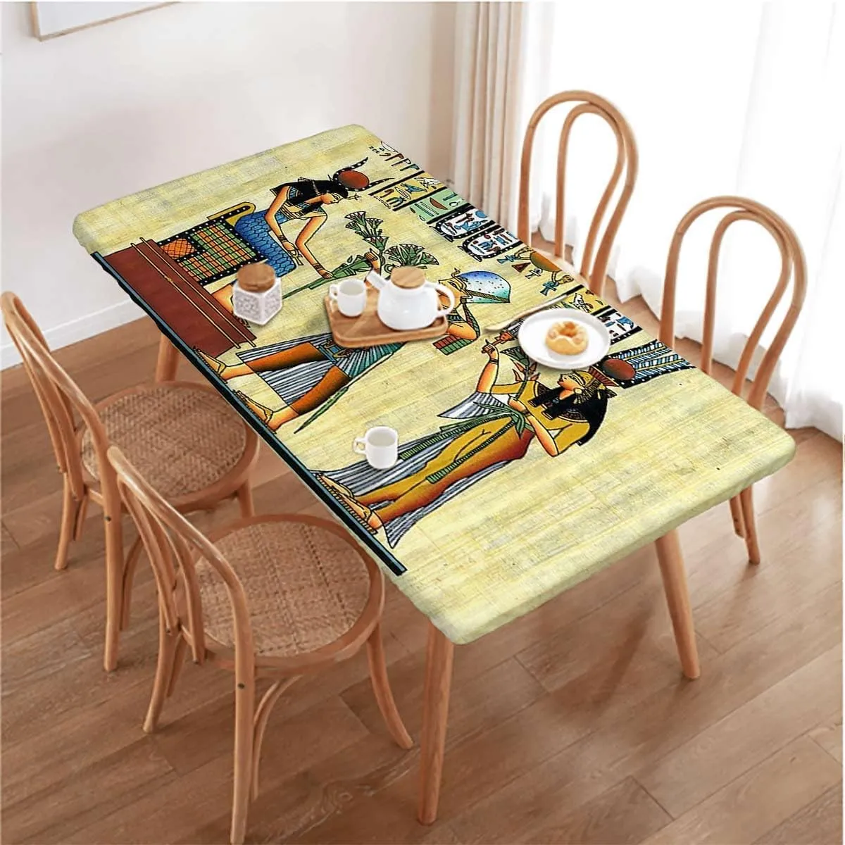 Teal Orange Elastic Fitted Picnic Table Cover Egyptian Papyrus Depicting Wooden Boards Oil Proof Waterproof Tablecloth for Picnic Party Egyptian Print Fits up 5 Foot Tables