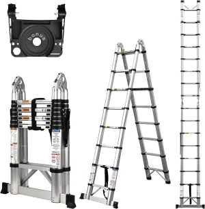 Telescoping Ladder A Frame, 16.5 Ft Compact Aluminum Extension Ladder 330 lb Capacity, Portable Telescopic RV Ladder for Outdoor Camper Trips Motorhome with Tool Platform and Stabilizer Bar