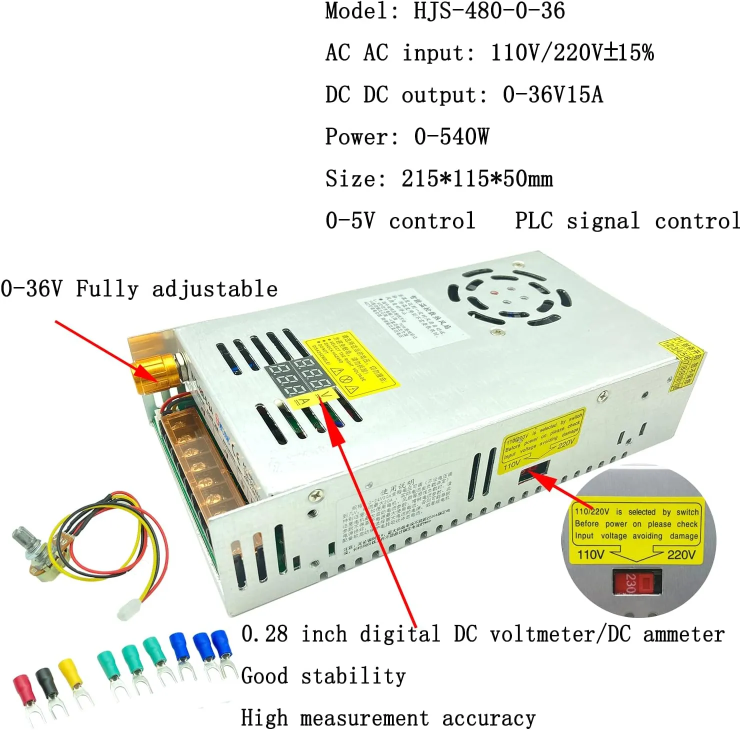 Transformer AC-DC 0-36V Adjustable 15A540W Current-Voltage Dual Digital Display DC Regulated Switching Power Supply Adapt to DC Speed Control Motor, 3Dprinter System