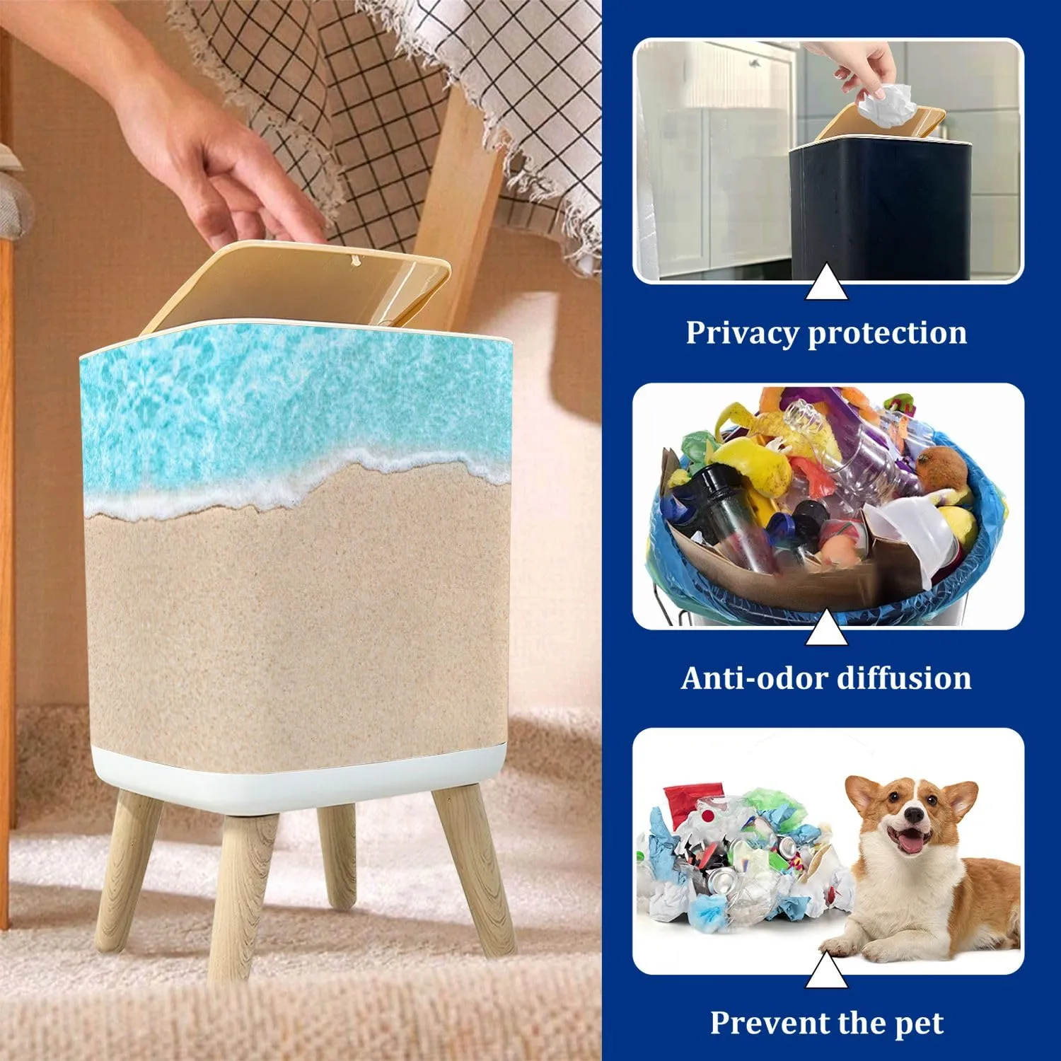 Trash Can with Lid Soft wave blue ocean sandy beach Ocean wave close up for text n Garbage Can Rectangular Waste Bin Press Cover Dog Proof Wastebasket for Kitchen Bathroom Living Room Nursery
