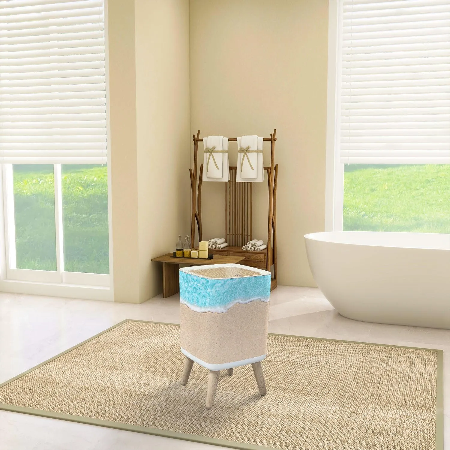 Trash Can with Lid Soft wave blue ocean sandy beach Ocean wave close up for text n Garbage Can Rectangular Waste Bin Press Cover Dog Proof Wastebasket for Kitchen Bathroom Living Room Nursery