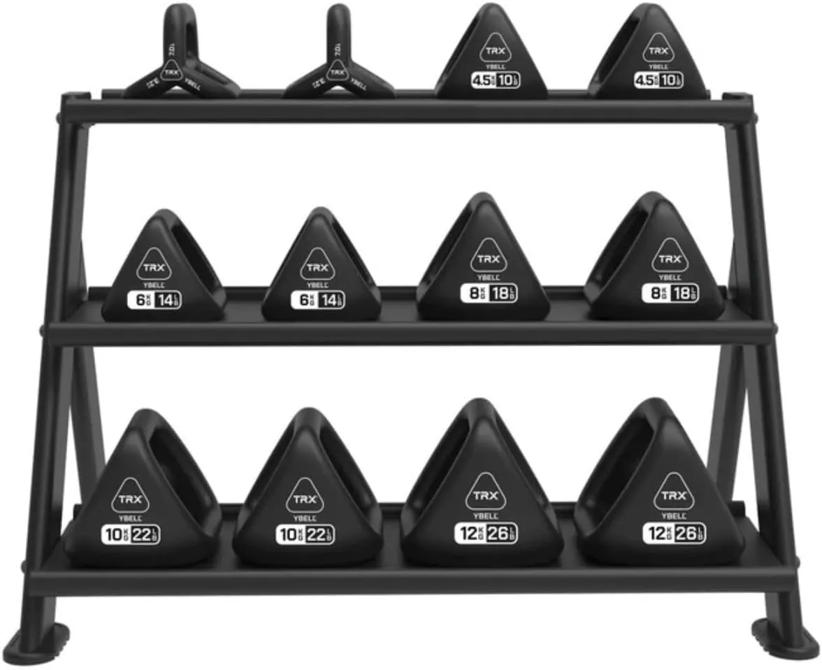 TRX YBell Neoprene Kettlebell Set 12 Piece Bundle with Horizontal Rack | 3-in-1 Kettlebell, Dumbbell, and Push Up Bar Workout Equipment - Commercial Grade Surface Strength Training Kettlebells