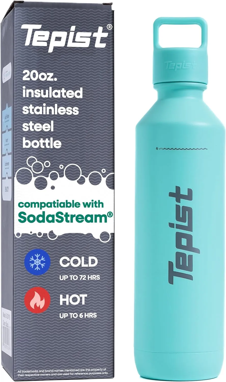 TwentyO 20oz Stainless Steel Bottle Compatible with Sodastream Machines | Powder Coated Teal | Vacuum Sealed | Double Walled | Leak-Proof | Easy to Carry | Reusable Bottle