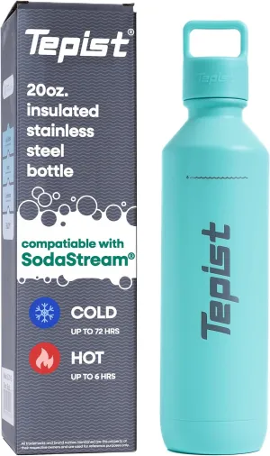 TwentyO 20oz Stainless Steel Bottle Compatible with Sodastream Machines | Powder Coated Teal | Vacuum Sealed | Double Walled | Leak-Proof | Easy to Carry | Reusable Bottle