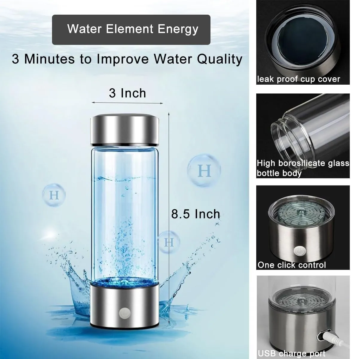 Upgraded Hydrogen Water Bottle, Hydrogen Water Machine -SPE Portable Rechargeable aquahealth Hydrogen Water Bottle Generator, Portable Hydrogen Water Improve Water Quality in 3 Minutes (Silver)