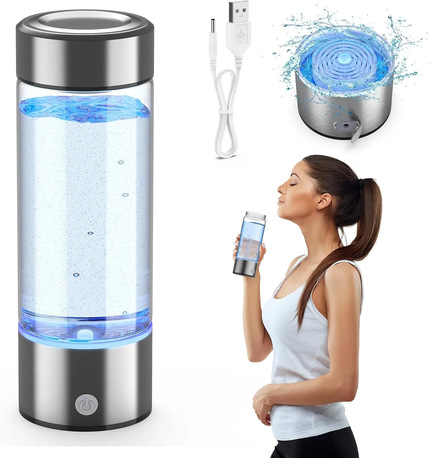 Upgraded Hydrogen Water Bottle, Hydrogen Water Machine -SPE Portable Rechargeable aquahealth Hydrogen Water Bottle Generator, Portable Hydrogen Water Improve Water Quality in 3 Minutes (Silver)