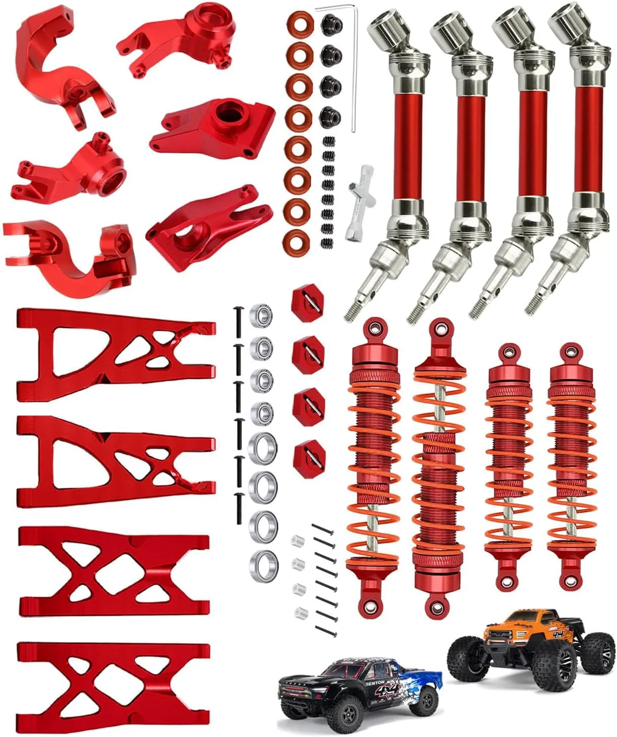 Upgrades Part for 1/10 Arrma Vorteks/Granite/Senton 4x4 3S Blx Mega 550,RC Shocks,Drive Shaft,Front Rear Suspension Arm,Steering Blocks Caster Blocks C-Hubs Stub Axle Carriers,Red