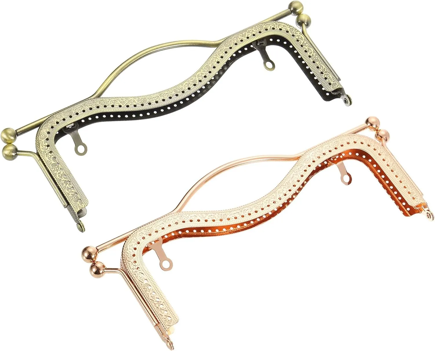 uxcell 2Pcs Metal Purse Frames, 8.27" Kiss Lock Clasp Frame Retro Rectangular Embossed Clutch Frame with Rubber Handle for Coin Purse Handbag Making DIY Craft, Bronze/Light Gold