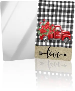 Valentines Small Compact Mirror for Purse, Red Car Rose Flowers Black White Plaid Love Travel Makeup Mirror for Women Men, Rectangular Handheld Compact Pocket Mirror 2 PCS