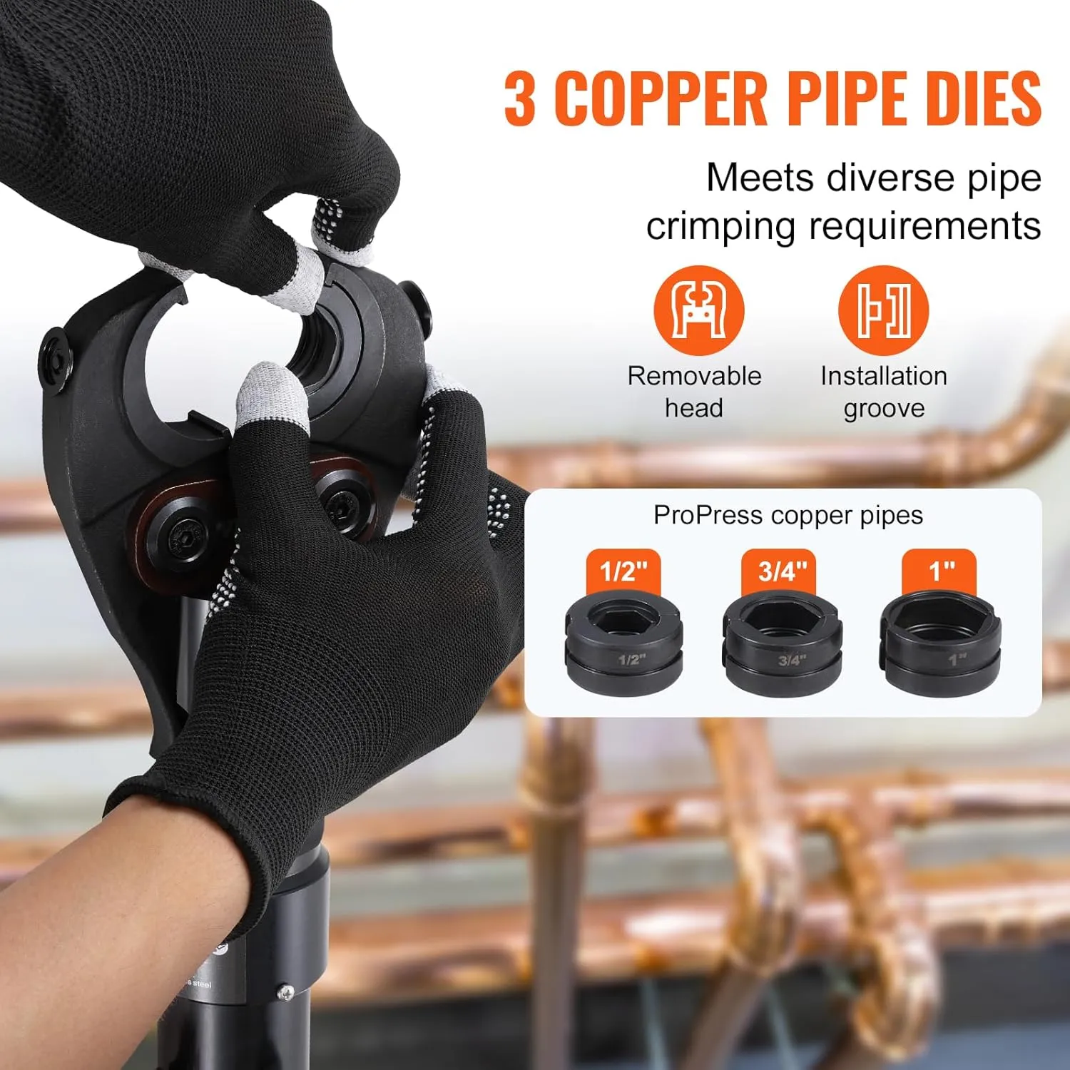VEVOR Copper Pipe Crimping Tool, Hydraulic Driven Press Tool with 1/2", 3/4", 1" Jaws, Copper Tube Fittings Pipe Crimpers for Narrow Spaces and Tee Fittings