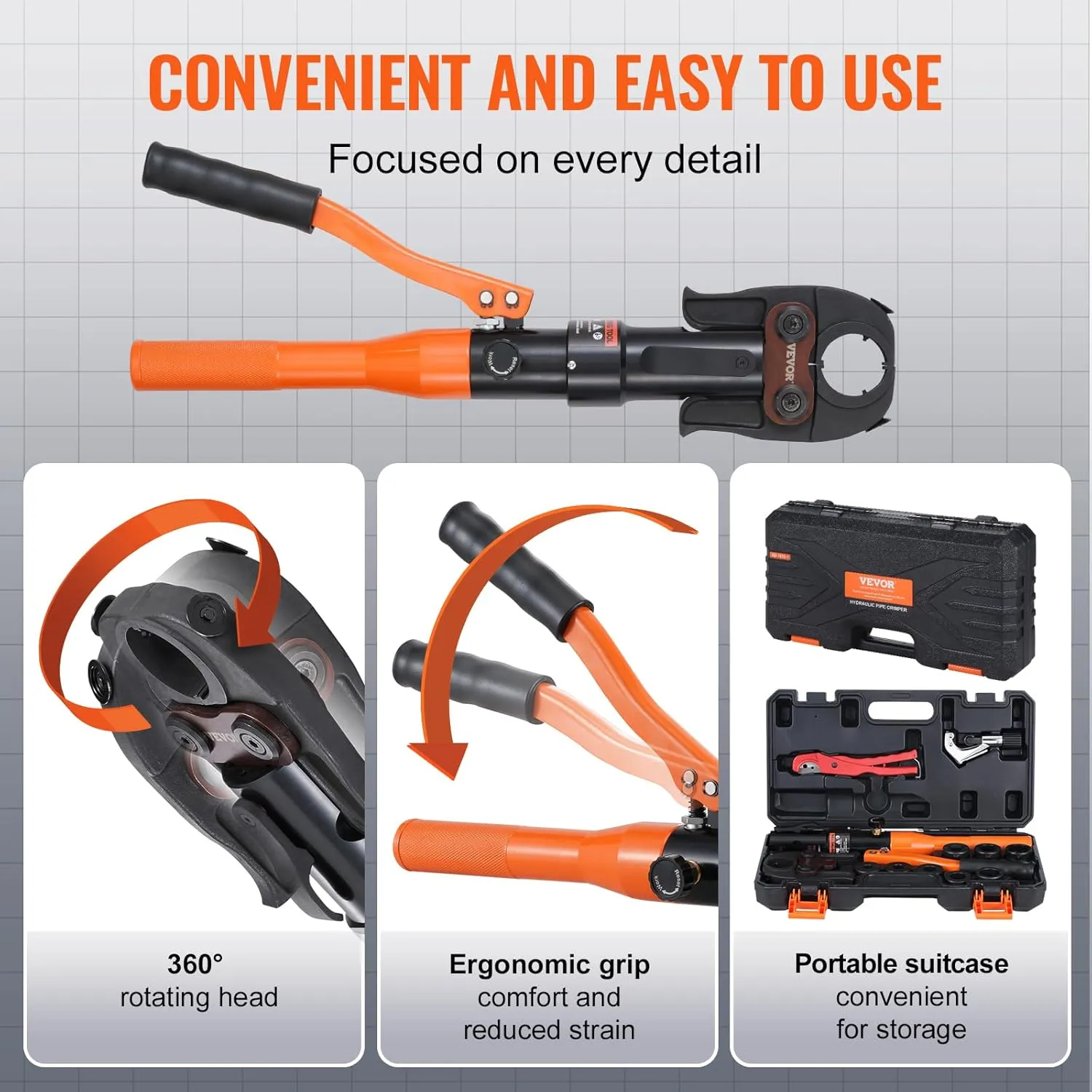 VEVOR Copper Pipe Crimping Tool, Hydraulic Driven Press Tool with 1/2", 3/4", 1" Jaws, Copper Tube Fittings Pipe Crimpers for Narrow Spaces and Tee Fittings