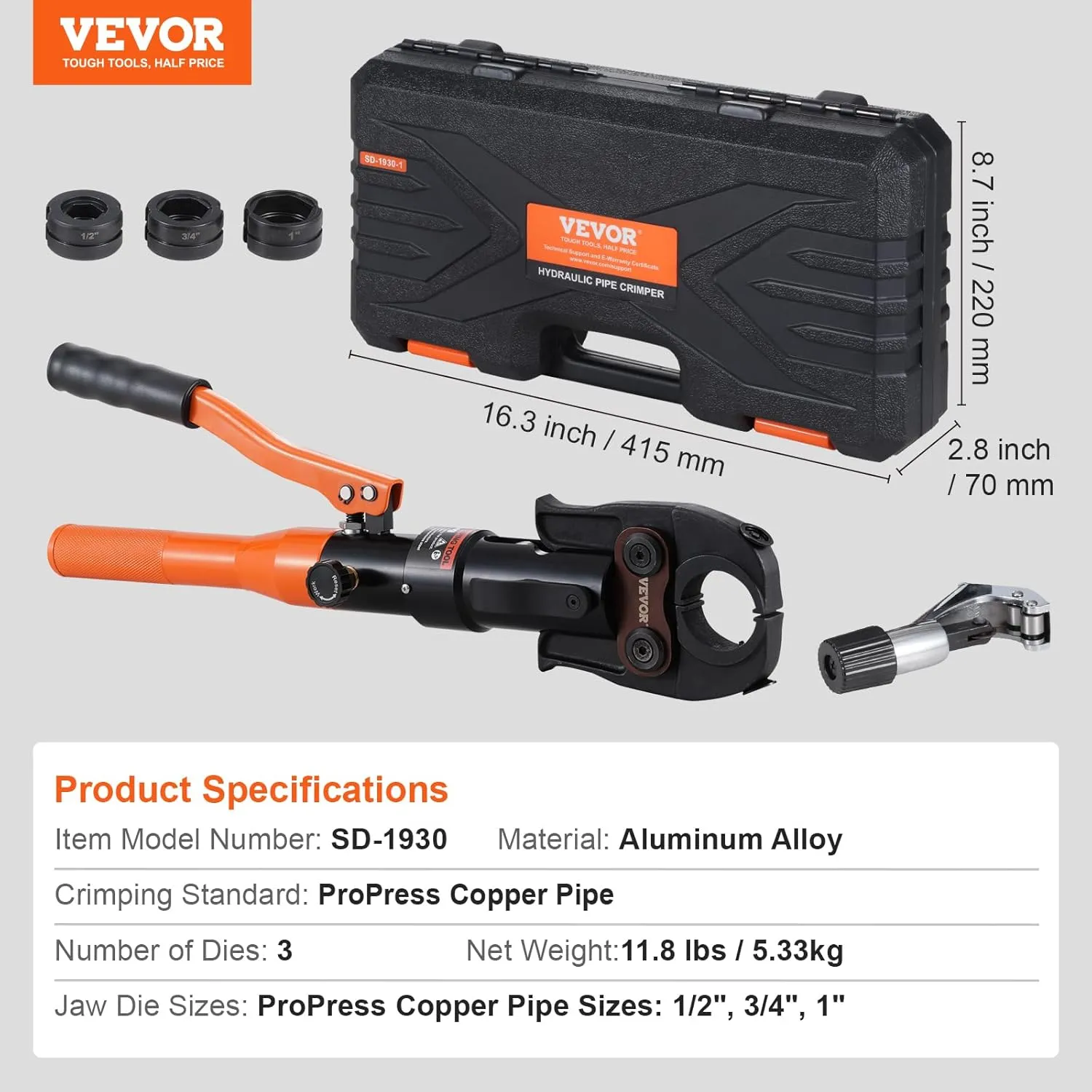 VEVOR Copper Pipe Crimping Tool, Hydraulic Driven Press Tool with 1/2", 3/4", 1" Jaws, Copper Tube Fittings Pipe Crimpers for Narrow Spaces and Tee Fittings