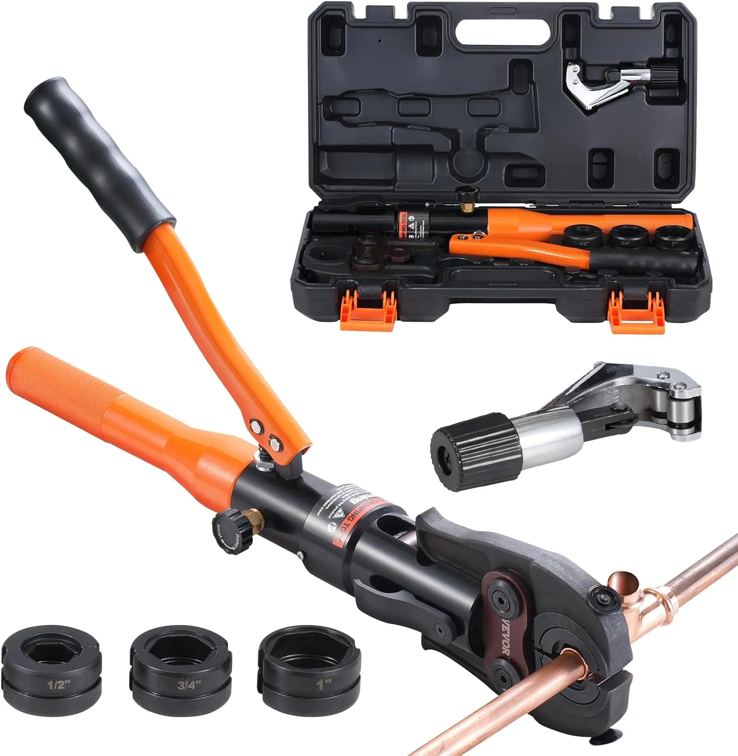 VEVOR Copper Pipe Crimping Tool, Hydraulic Driven Press Tool with 1/2", 3/4", 1" Jaws, Copper Tube Fittings Pipe Crimpers for Narrow Spaces and Tee Fittings