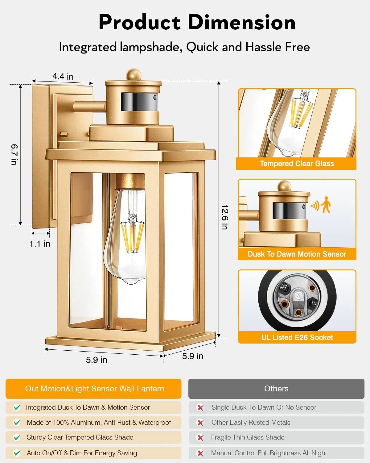 VIANIS Motion Sensor Outdoor Wall Lights Sconce, 2 Pack Dusk to Dawn Outdoor Light Fixture Lantern, Gold Waterproof Outdoor Motion Sensor Light for House, Doorway, Entryway, Garden, Anti-Rust
