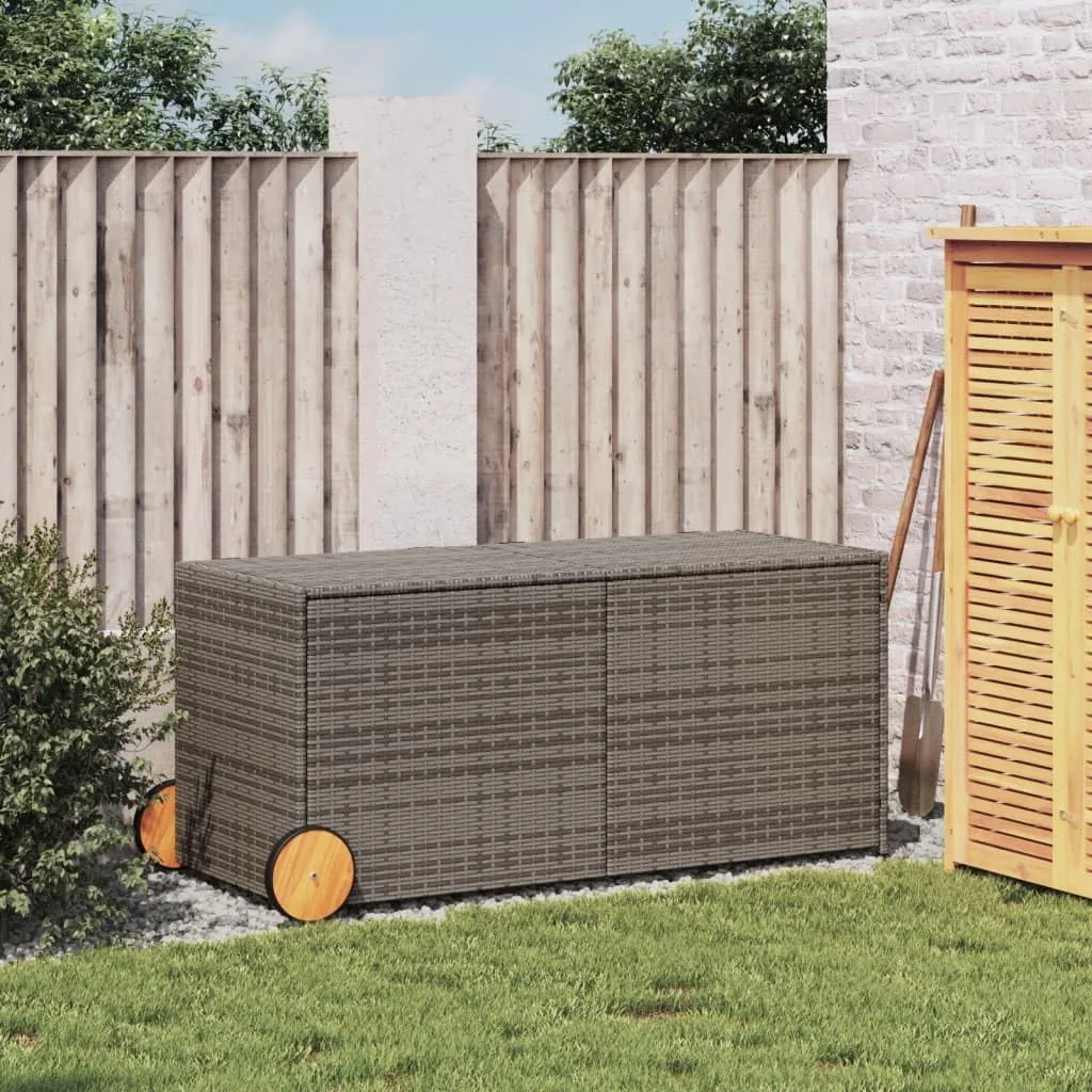vidaXL Garden Storage Box with Wheels - Gray Poly Rattan, 74.8 Gal, with Water-Resistant Bag, Gas Spring Lid for Patio/Outdoor Use