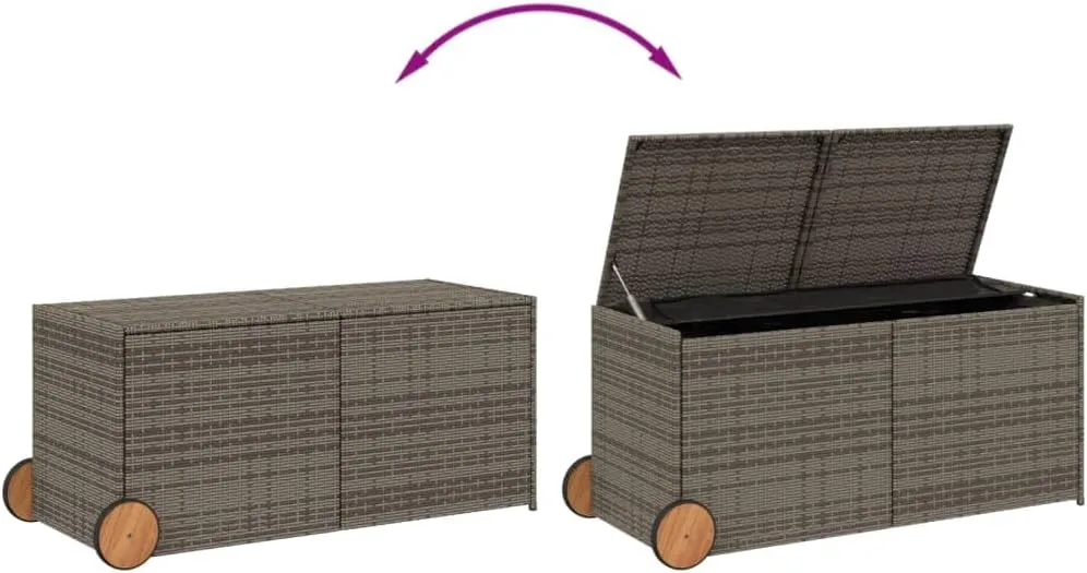 vidaXL Garden Storage Box with Wheels - Gray Poly Rattan, 74.8 Gal, with Water-Resistant Bag, Gas Spring Lid for Patio/Outdoor Use