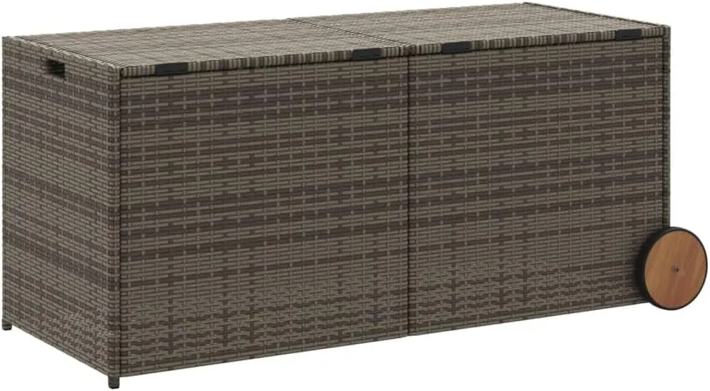 vidaXL Garden Storage Box with Wheels - Gray Poly Rattan, 74.8 Gal, with Water-Resistant Bag, Gas Spring Lid for Patio/Outdoor Use