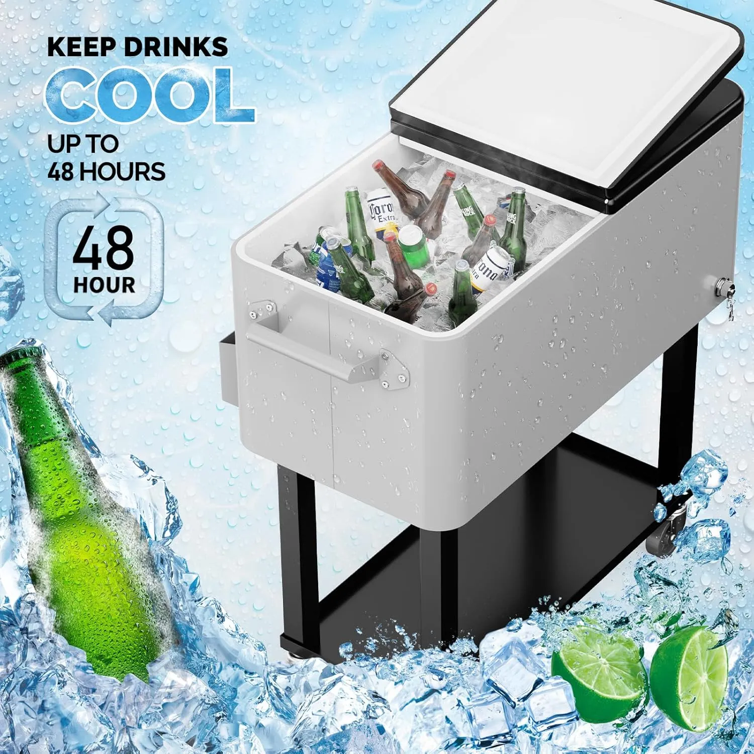 VINGLI 80 Quart Rolling Ice Chest on Wheels, Portable Patio Party Bar Drink Cooler Cart, with Shelf, Beverage Pool with Bottle Opener,Water Pipe