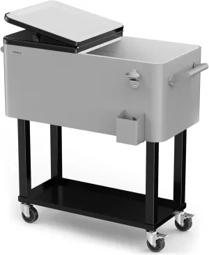 VINGLI 80 Quart Rolling Ice Chest on Wheels, Portable Patio Party Bar Drink Cooler Cart, with Shelf, Beverage Pool with Bottle Opener,Water Pipe