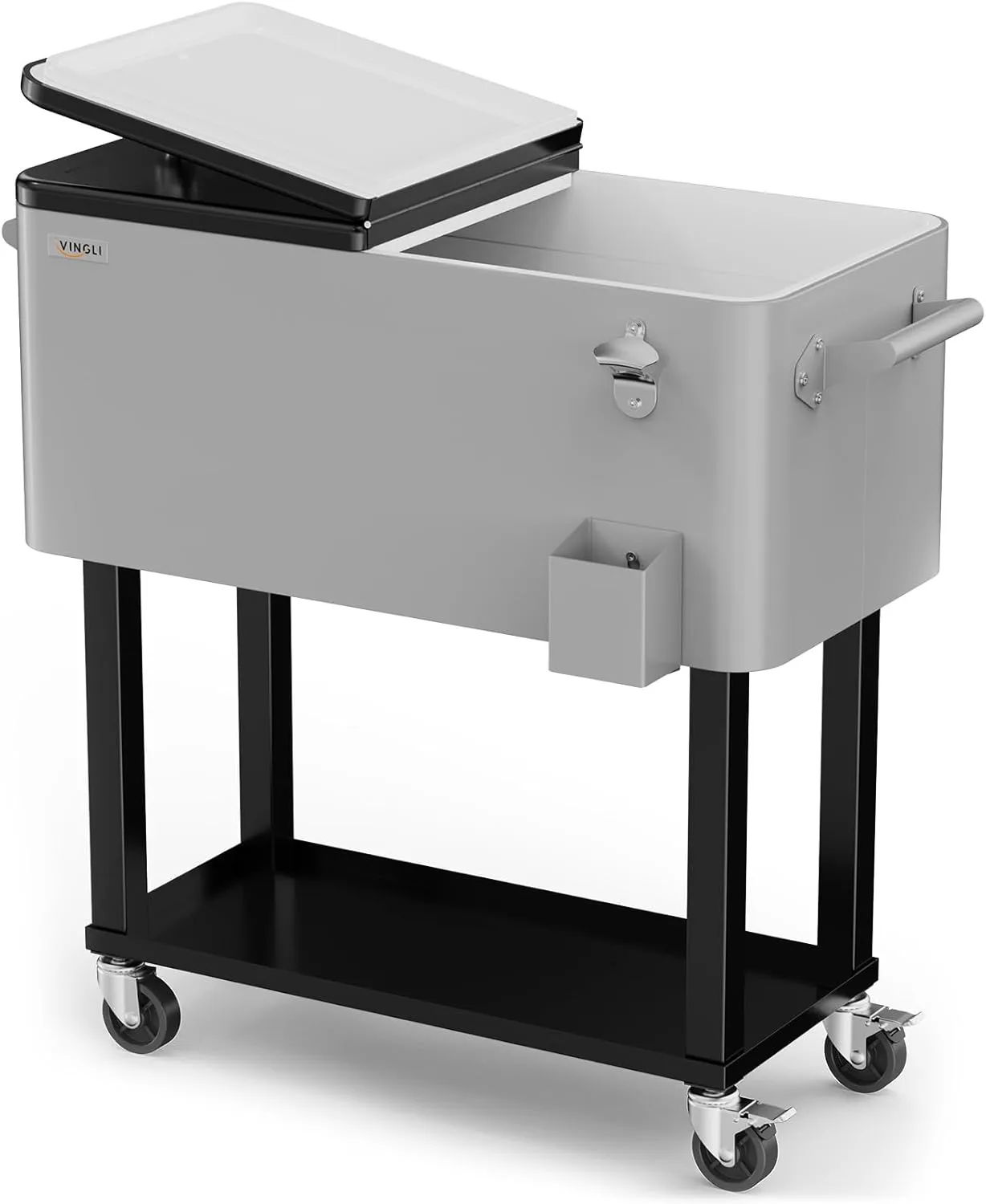 VINGLI 80 Quart Rolling Ice Chest on Wheels, Portable Patio Party Bar Drink Cooler Cart, with Shelf, Beverage Pool with Bottle Opener,Water Pipe
