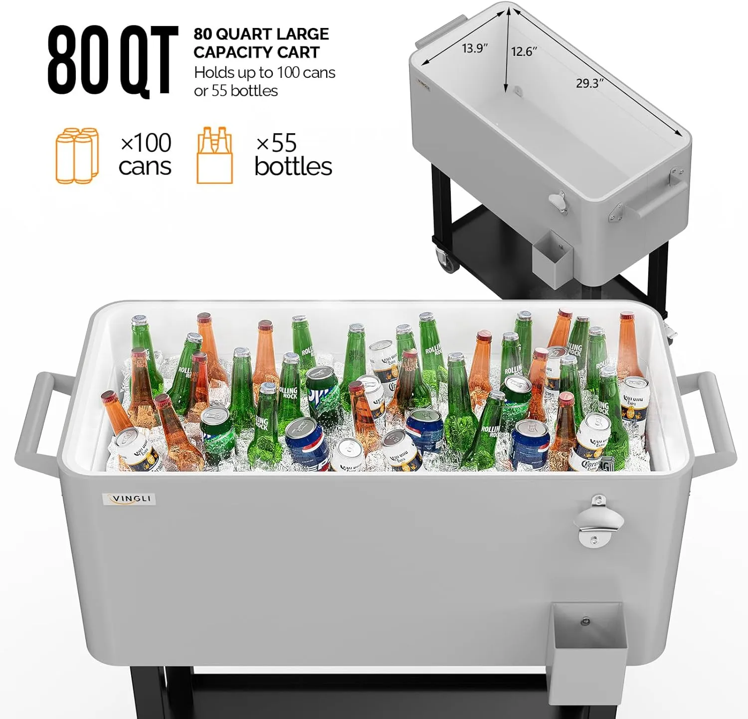 VINGLI 80 Quart Rolling Ice Chest on Wheels, Portable Patio Party Bar Drink Cooler Cart, with Shelf, Beverage Pool with Bottle Opener,Water Pipe
