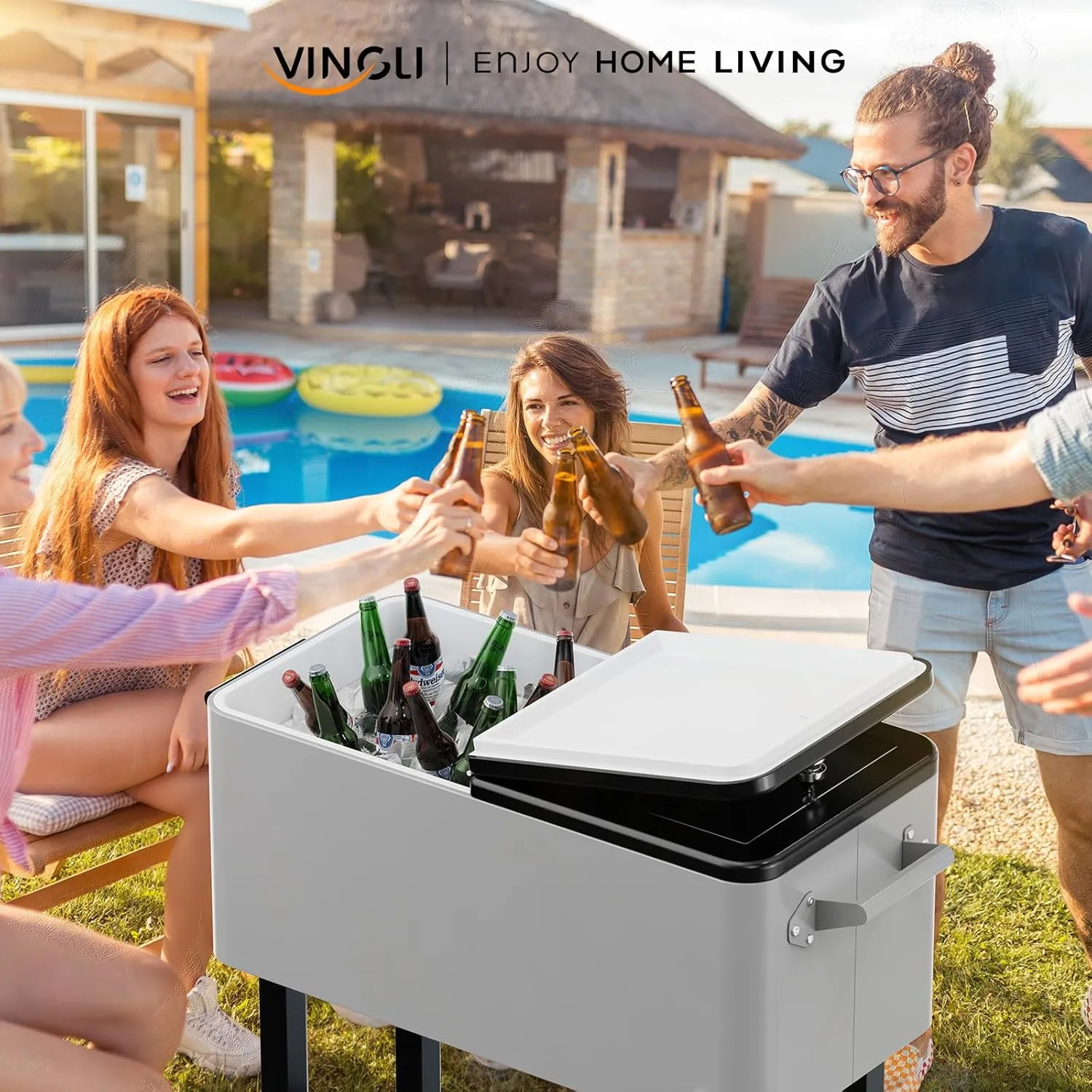 VINGLI 80 Quart Rolling Ice Chest on Wheels, Portable Patio Party Bar Drink Cooler Cart, with Shelf, Beverage Pool with Bottle Opener,Water Pipe
