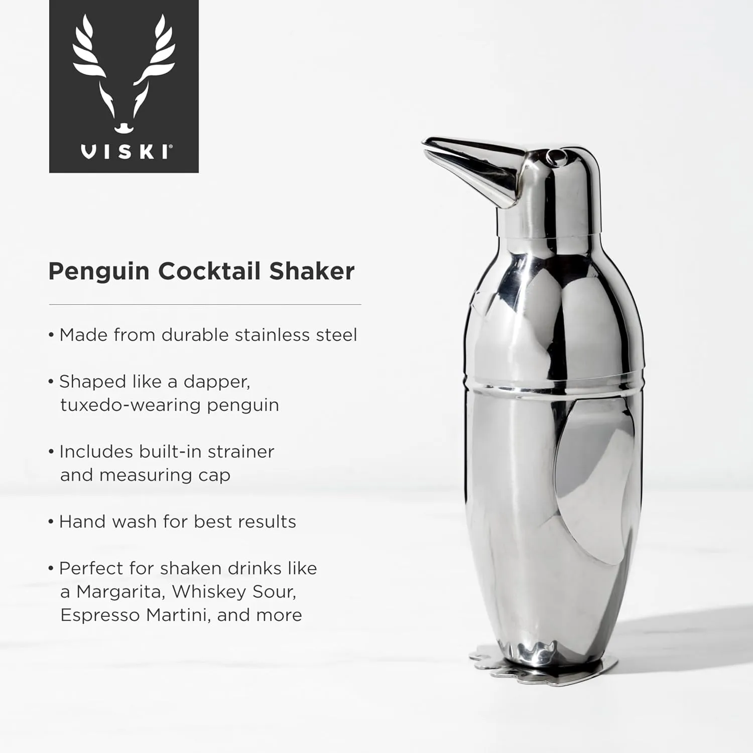 Viski Penguin Cocktail Shaker with Strainer, Stainless Steel Shaker Bottle, Bar Essentials, Home Bartender Shaker and Strainer Set, 17 oz.