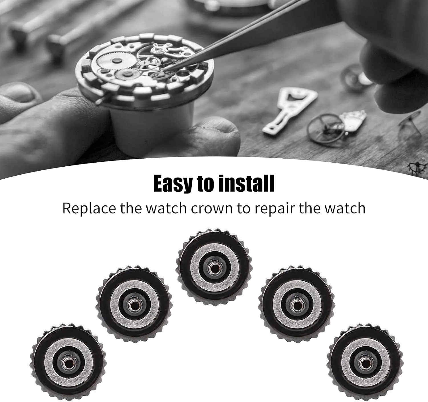 Watches Mechanical Watch Handle Crown Black Steel Head Long Tube Large Hole Handle Multi Size Pack of 5 (6.5mm grown)