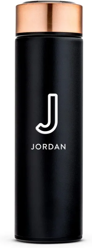Weddingstar Personalized Stainless Steel Cylinder Travel Bottle 16oz, Black, Line Initial - Insulated Double Wall with Lid, 100% BPA Free