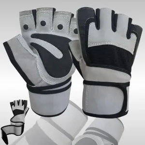 WEIGHT LIFTING PADDED GLOVES FITNESS TRAINING BODY BUILDING GYM LONG WRIST STRAP WHITE & BLACK- SMALL