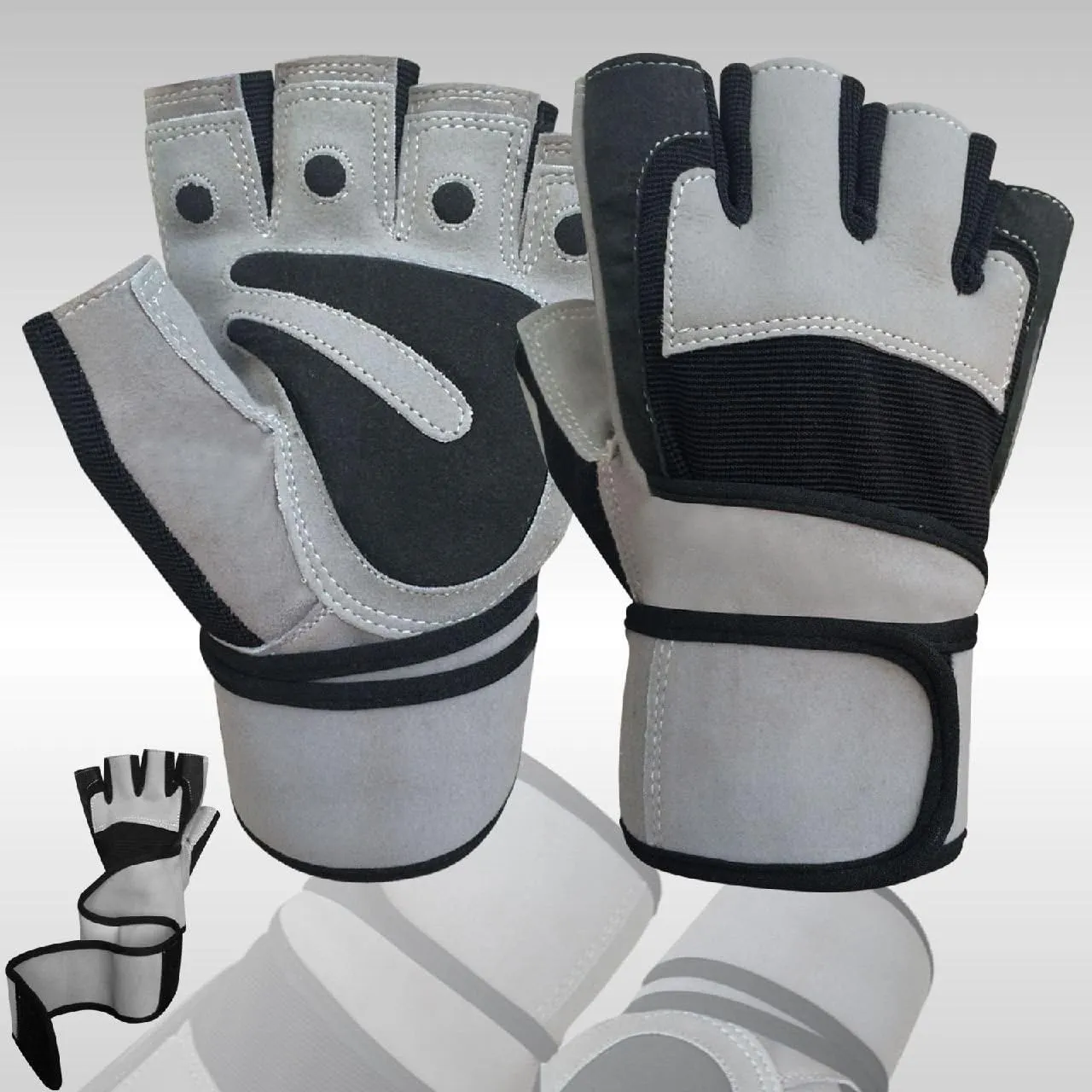 WEIGHT LIFTING PADDED GLOVES FITNESS TRAINING BODY BUILDING GYM LONG WRIST STRAP WHITE & BLACK- SMALL