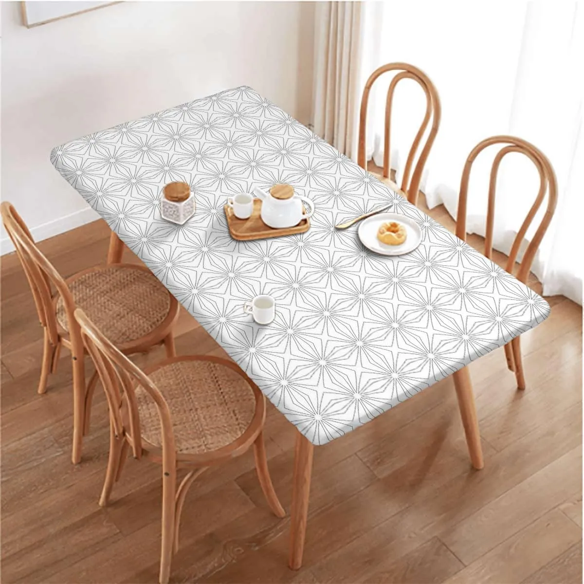 White Black Fitted Tablecloth Space Vortex Natural Geometry Myth Form Water Resistant, Windproof Table Protector for Dining Room Table Geometrty Fits up 4 Foot Tables